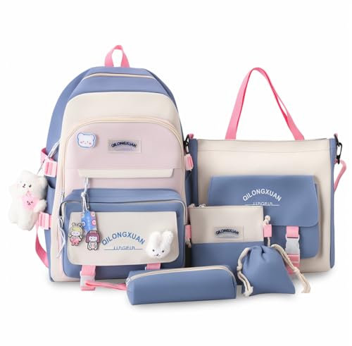 IvyH Schulranzen-Set 5-teilig, Schultasche Mädchen Rucksack Schule Teenager Schulrucksack für Mädchen der 3. bis 7. Klasse, School Bag Set mit Einkaufstasche Federmäppchen Brustbeutel,45 cm-Blau