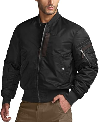 CQR Men's Casual Bomber Jacket, Outdoor Fall/Winter Zip-Up Windbreaker, Water Resistant Padded MA-1 Flight Jacket with Pocket, Navigator Black, Large