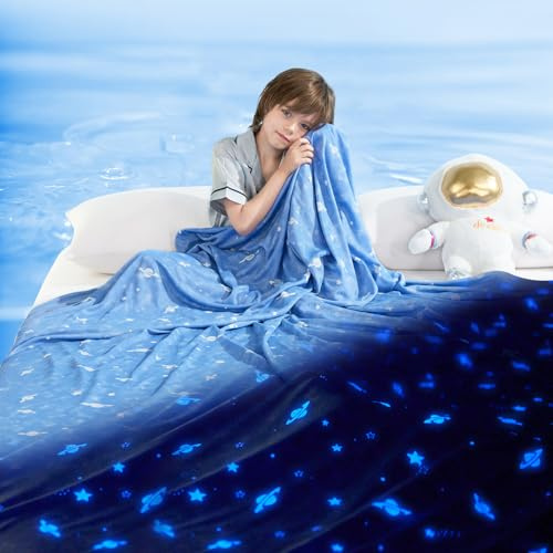 Elegear Manta de Enfriamiento, Manta Que Brilla en La Oscuridad，Niños y Niñas de Regalo de Cumpleaños, La Piel Fresca y Amigable es Adecuada para Niños, El Suave Y Transpirable, Astronave,130×170 cm