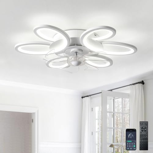 DJChen Quiet Ceiling Fans with Lights and Remote, 6 Speeds Reversible Modern Memory Ceiling Lights with Fan, Dimmable LED Timer Flush Mount Ceiling Fan with Light for Living Room White 65cm