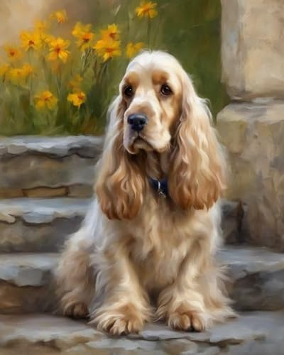 ZMHZMY Malen nach Zahlen Erwachsene,Cocker Spaniel,Steinstufen,DIY Malen nach Zahlen für Erwachsene, Malset mit Leinwand und Pinsel,40 x 50 cm,Rahmenlos