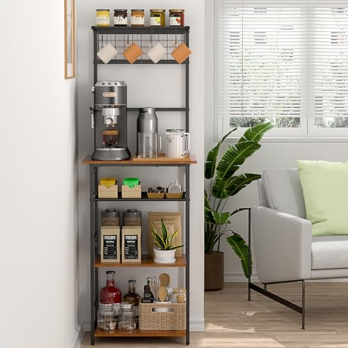 5 Tier Coffee Bar Station, Kitchen Stand with 4 S-Shaped Hooks, Farmhouse Corner Coffee Bar Cabinet for Small Spaces, Bakers Rack for Kitchen, Entryway, Living Room, 13.43D x 18.93W x 53.31H