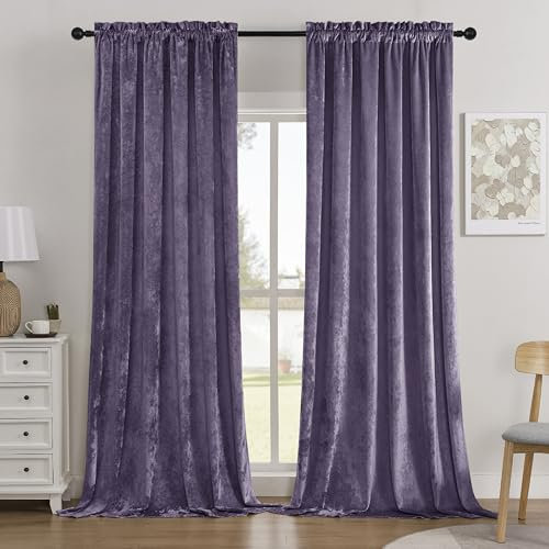 SMILETIME Lilac Purple Crushed Velvet Curtains 52x108inch Rod Pocket Luxurious Thermal Insulated Soundproof Drapes Soft and Durable Light-Filtering Window Treatments for Living Room Bedroom, 2 Panels