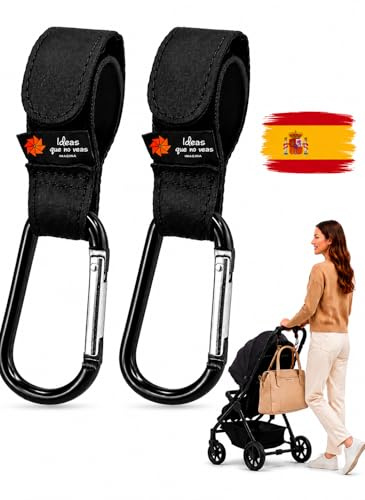 Ideas que no veas® Resistencia 15 kg Ganchos Carro Bebe con Mosquetón de seguridad (PACK DE 2) | Accesorios carro bebe | Ganchos bolsos | Ajuste Universal, Antideslizante Ligero y Duradero (NEGRO)