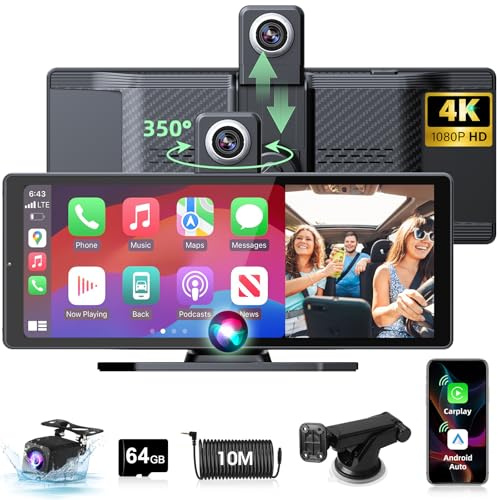 350° Rotatable Pantalla Carplay Android Auto con 4K Dash CAM, 10.26 Pulgadas Pantalla Cocho Carplay Pantalla Aoche Android Portátil CarPlay Dual Bluetooth 64G TF Card