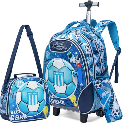 Meetbelify Kinder-Rollrucksack mit Rollen für Mädchen und Jungen, Rollrucksäcke mit Lunchbox für Grundschüler, 02 Fußball, 16.5 x 11.8 x 7.8