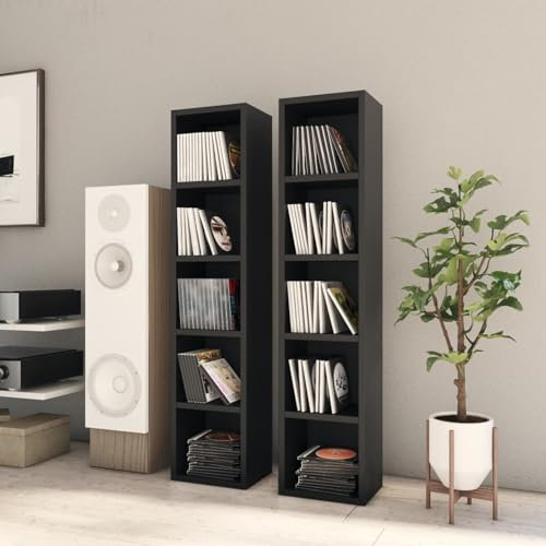 Cinyiqo Armoires à CD 2 pcs Noir 21x16x93,5 cm Aggloméré,Meuble Platine Vinyle,Rangement Vinyle,Porte Vinyle