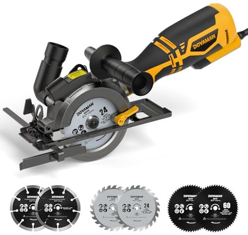 DOVAMAN Mini Circular Saw, 710W Circular Saw with Laser, 3500rpm, Metal Auxiliary Handle, Cutting Depth 43mm (90°), 29mm (45°), 6 Blades Ideal for Wood, Soft Metal, Plastic, Tile - MCS01A