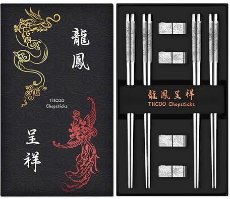 TIICOO Metall Essstäbchen Wiederverwendbare 18/8 Edelstahl Essstäbchen Chinesische Drachen und Phoenix Essstäbchen mit Halter Chinesische Traditionelle Stilvolle Geschenk-Set (4 Paare) (Silber)