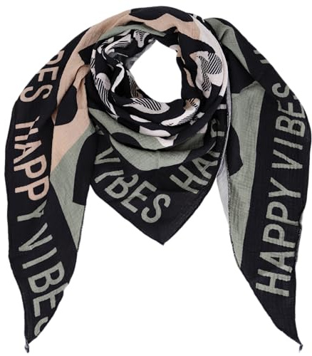 Damen Musselin Halstuch Made in Italy mit Leo Love Happy– Leichtes Dreieckstuch für Frühling & Sommer, Baumwolle, ca.195x85 cm (Happy Schwarz)