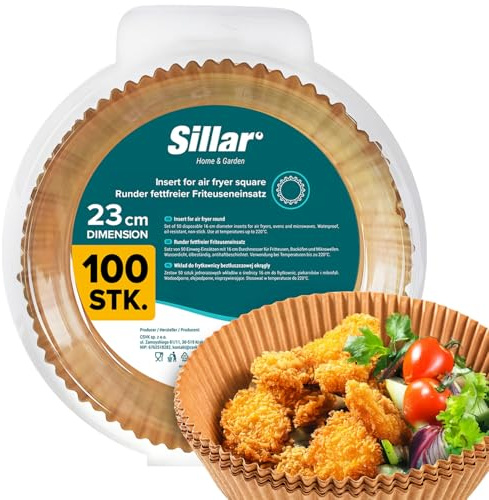Sillar Papel para freidora 23cm 100 piezas Redondo Papel de horno para Airfryer, antiadherente Resistente al aceite, Resistente al calor hasta 220°C Juego de papel de horno para Airfryer