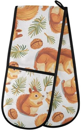Ofenhandschuhe, doppelte Ofenhandschuhe, Eichhörnchen, Pinienkerne, weiß, hitzebeständig, gesteppt, für Grillen, Backen, Küche, Kochen, Handschuhe