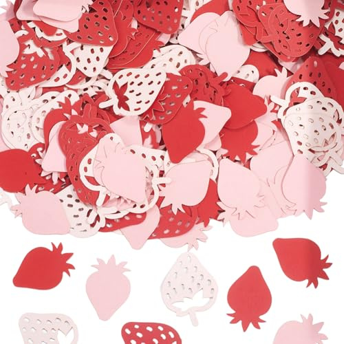 SUNNYCLUE 300 pieza de Confeti de Fresa con Forma de Fruta, Papel Rosa Y Rojo, Frutas de Verano, Fresas, Puntos Dispersos, Decoraciones de Mesa Y Pared para Shower, Fiesta de Cumpleaños, Accesorios de
