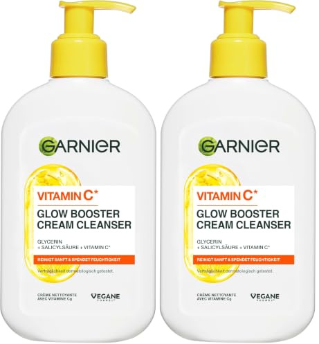 Garnier Gesichtsreinigung für fahle, unebenmäßige Haut, Reinigend und feuchtigkeitsspendend, Mit Vitamin C und Glycerin, Vegane Formel, Glow Booster Cream Cleanser Vitamin C, SkinActive, 250 ml