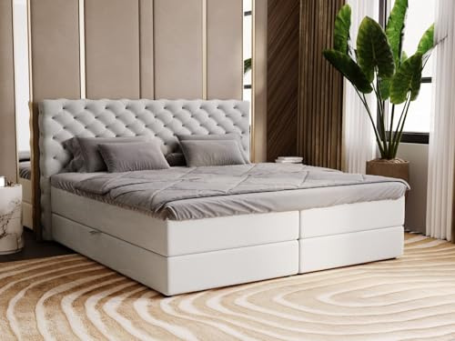 GRAINGOLD Bergamo Bett 180x200, Boxspringbett mit Bettkasten, Polsterbett mit Bonell-Matratze, Samt Stoff, mit Topper, mit Kopfteil (Hellgrau, 180x200)