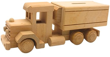 Dekohelden24 Nachhaltige fahrbare Holz - Spardose, Sparbüchse als LKW, nostalgische LKW - Spardose, Kinderspardose Lastkraftwagen, Spartransporter, Nostalgie LKW aus Buchenholz, L/B/H 25 x 8 x 9 cm.
