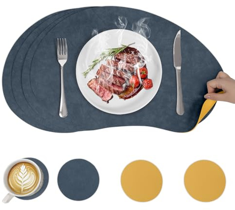 4er Set Tischsets abwaschbar und Untersetzer, Große Mango hitzebeständig Leder-Imitat beidseitige Tischunterlage Esstisch Deko Outdoor Platzsets 50x32cm, Blau+Gelb