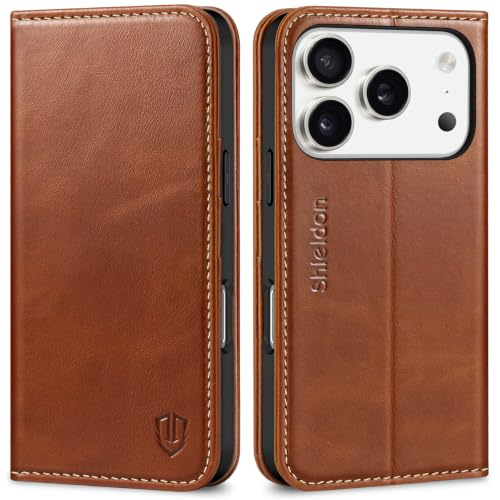 SHIELDON Echtleder Hülle für iPhone 17 Pro 6,3 5G 2025, Retro Braun | Handyhülle, Kartenfach, Ständer, Magnetverschluss, RFID Blocker, Handy-Ösen, Stoßfest Case, Lederhülle, TPU Schutzhülle