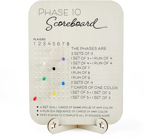 DICOSMETIC Phase 10 Punktestand Holz Phase 10 Punktestand Mit 8 farbigen Cribbage Stiften Spaßbrett Kartenspiele Zubehör Für Brettspiele Familienparty Geburtstag Weihnachten 22x8x31cm