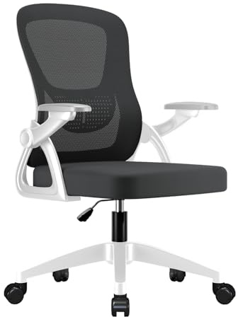 EOXCIIU Ergonomic Office Chair, Mesh Desk Chair with 90° Flip-up Armrest & 3-Stage Gas Lift, Swivel Computer Work Chair for Office, Bedroom, White–Black