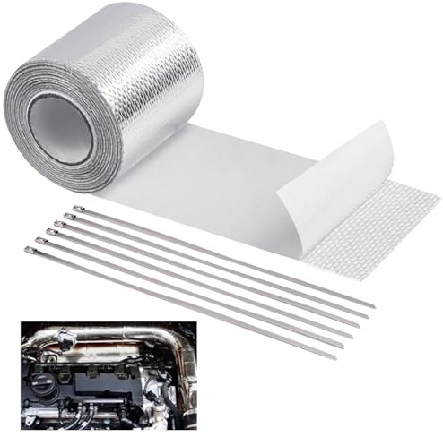 Srvauyea Hitzeschutzband Auspuff, 5M x 5cm Hitzeschutz Auspuff Bandage, Auspuffband Hitzebeständig, Auspuff Dichtband Selbstklebend mit 6 Kabelbinder für Auto Motorrad Fächerkrümmer Krümmerband