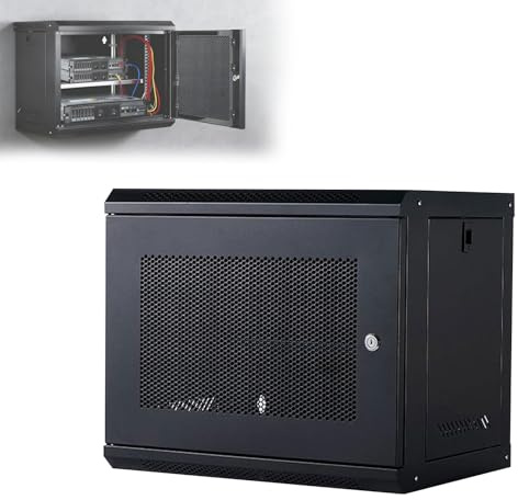 Clickovia Armario de red de pared 9U, rack para servidores, 530 × 450 × 400 mm, con puerta metálica con cerradura, estructura de acero de 0,6 mm, paredes laterales desmontables