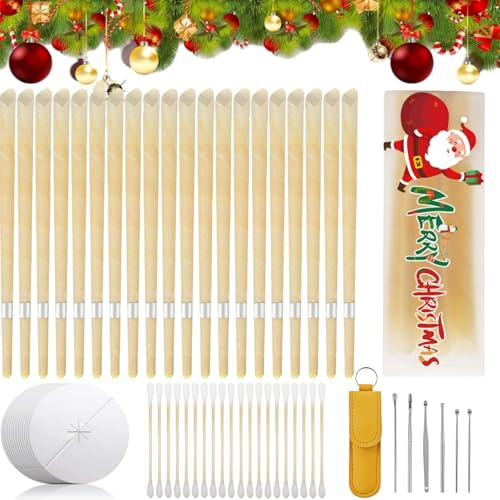 20 Stück Bienenwachs Ohrkerzen, Natürliche Ohrenschmalzkerzen Entfernungssets mit Schutzscheiben und Weihnachts Aufbewahrungsbox für Weihnachtsgeschenke, sicher und einfach zu bedienen