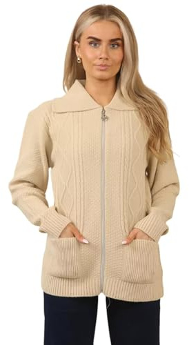 Women’s Zip Up Cable Knit Cardigan – Chunky Knit Jumper with Pockets | Soft Warm Ladies Winter Zip Through Sweater | Long Sleeve Collared Knitwear Jacket for Autumn & Casual Wear