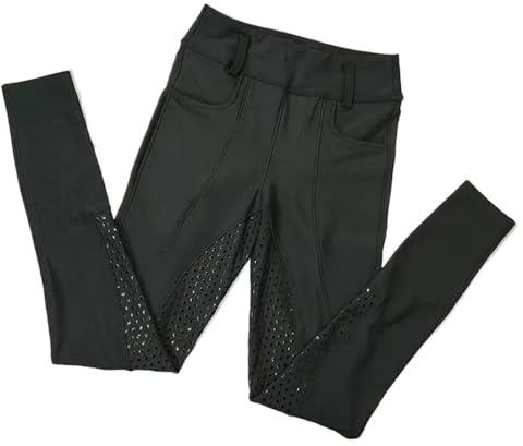 Ridsport leggings dam sport tights full silikon 4 sätt stretch hästbyxor med telefonficka kläder för kvinnor, Svart, M
