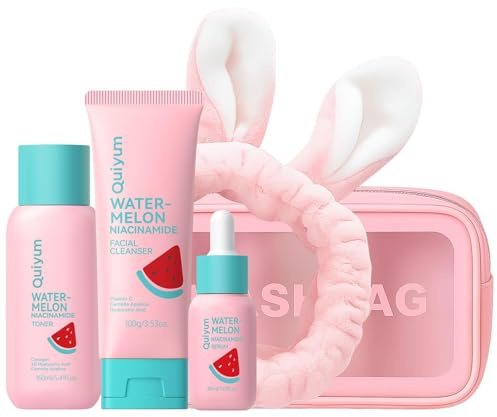 QUIYUM Kit soin visage pastèque & niacinamide, 5 pièces avec trousse | Kit routine hydratante format voyage pour jeune femme et ado, avec nettoyant visage, sérum et crème, tout type de peau