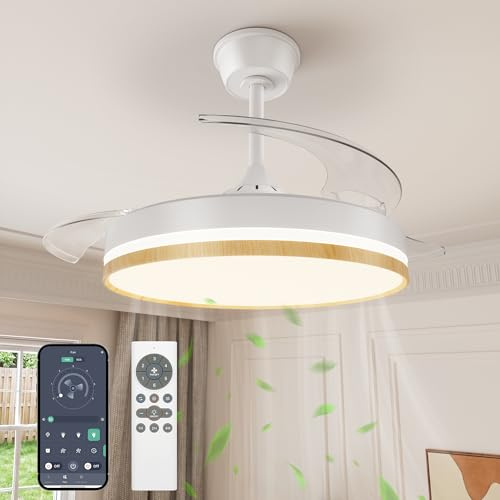 VOLISUN Ventilador de Techo con Luz aspas Retráctiles, Ultra-Silencioso Motor DC, CCT 3000-4000-6000K, Mando a Distancia - 50W Lámpara de Techo con Ventilador Moderno（(Madera, 106cm)