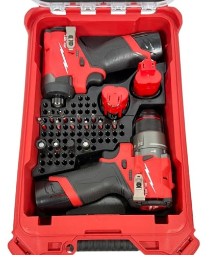 M12 Fuel Drill Driver (3404-20) and 1/4in Impact (3453-20) Insert Organizer Liner for Milwaukee Packout Compact Case 48-22-8435. Drill, Impact, M12 Battery, and Bit Storage Organizer