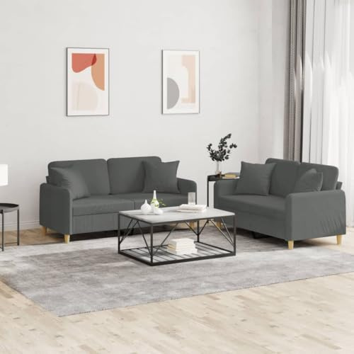 QUAHEAS 2-TLG. Sofagarnitur Dunkelgrau aus strapazierfähigem Stoff mit 8 Kissen, robustem Metallgestell, 120 cm und 140 cm, für Wohnzimmer Komfort