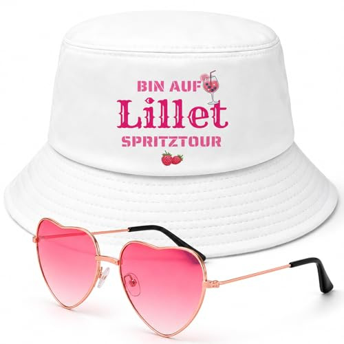 PIujsym Kostüm Damen Set Mit Fischerhut & Herz-Sonnenbrille – Bin Auf Spritztour Anglerhut Weiß – Wildberry Kostüm & Festival Zubehör – Mallorca Party Outfit, Malle Outfit Damen