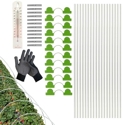 Cerchio da giardino per aiuole rialzate, telaio antiruggine, lungo 1,4 m, in fibra di vetro, serra, tunnel con indicatore di temperatura e guanti, per aiuole rialzate rete a file di verdure fragole