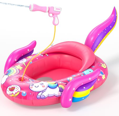 ASDGZD Unicorn Kids Pool Floats with Water Gun,Toddler Pool Float Inflatable Ride-on Swimming Pool Toy for Girls Aged 3 4 5 6 7 8 Years,Summer Outdoor Water Pool Games Toys for Girls