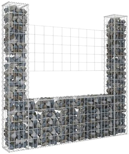 U-Shape Gabion Basket with 2 Posts, Rustproof Iron Wire Mesh, 140x20x150 cm, Sturdy Outdoor Garden Fence and Landscape Barrier