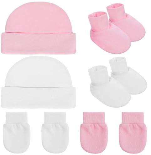 ARTSEWPLY Gorros Bebe Recien Nacido Manoplas y Patucos en Blanco y Rosa, Conjunto Suave Adecuado para Invierno y Regalos para Recién Nacidos