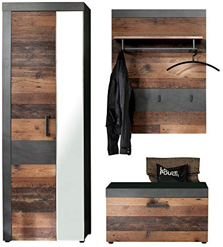 trendteam smart living - Indy - Garderobenkombination - Eiche/Grau - Garderobenschrank, Garederobensitzbank, Garderobenpaneel - (BxHxT) 160 x 192 x 37 cm - antikfarbene Griffe | Garderobenmöbel-Kombination · Wandmontage · deckenhoch bis 192 cm · im Serienverbund