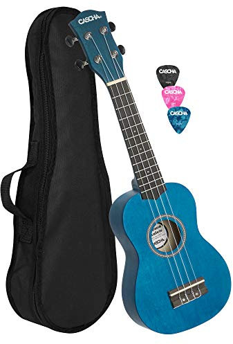 CASCHA Sopran Ukulele Set für Kinder und Erwachsene I Ukulele Starter Kit mit 3 Plektren Tasche I Ukulele Set Aquila Saiten Nylon I Kleine Hawaii Gitarre für Anfänger Fortgeschrittene I Blau