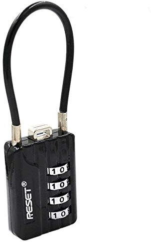 RESET-200 (1 Pack) Lucchetto a Combinazione a 4 Cifre con Cavo da 10 cm, Lucchetto con Cavo, Catena, Corda, Ideale per Armadietti, Valigie, Zaini, Serrature, Caschi, Diametro 3 mm, Nero