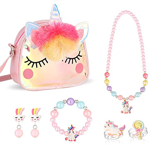 Hifot Unicornio Bolso para Niña, Unciorn Collar Pulsera Anillo Pendientes Joyas Set Princesa Joyas Fiesta Dress up Cumpleaños Regalos
