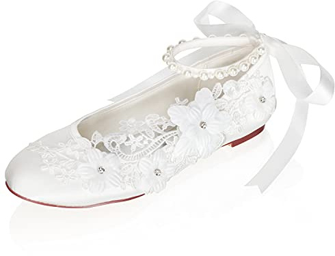 JIAJIA 53713 Kvinnors brudskor Stängt tå satinlägenheter Blommor Pärlbandband Bröllopsskor Färg Elfenben,Storlek 42 EU (8 UK)