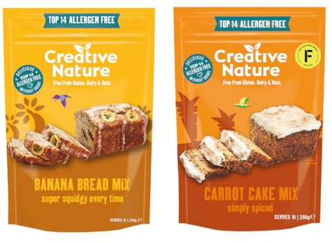 Gluten Free Cake Mix | Creative Nature Vegan Carrot Cake Mix + Banana Bread Mix | Nut Free, Dairy Free Baking Mixes | Top 14 Allergen Free | 2 Pack