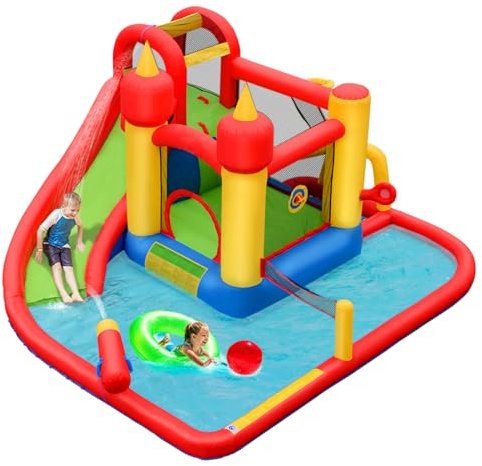 HONEY JOY Inflatable Water Slide, 7 in 1 Toddler Giant Blow Up Bouncy Water Park w/Splash Pool, Outdoor Water Bounce House Water Slides Inflatables for Kids and Adults Backyard(Without Blower)