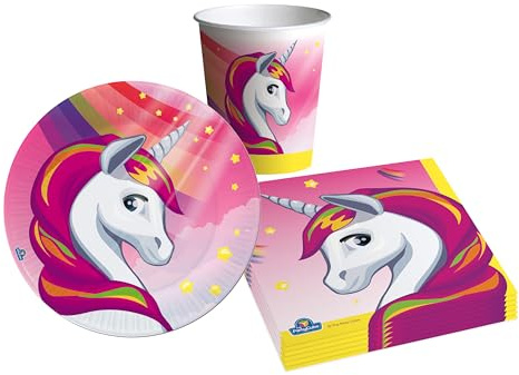 Partygeschirr Party-Set Einhorn Unicorn für 8 Personen (36 pcs: 8 Pappteller Ø18cm, 8 Becher 250ml, 20 Servietten 33x33cm) aus eco-friendly kompostierbarem Papier