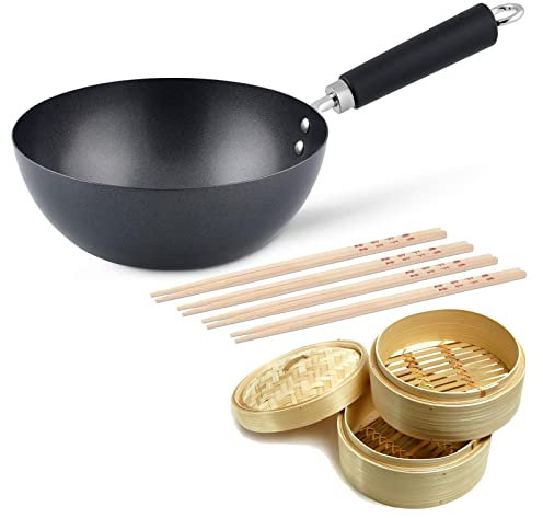 Ken Hom Stielwok 20 cm Induktion aus Karbonstahl antihaftbeschichtet mit Phenolharz-Griff - Wok Set inkl. Dampfkorb 20 cm und 8 Essstäbchen - für verschiedene Herdarten geeignet