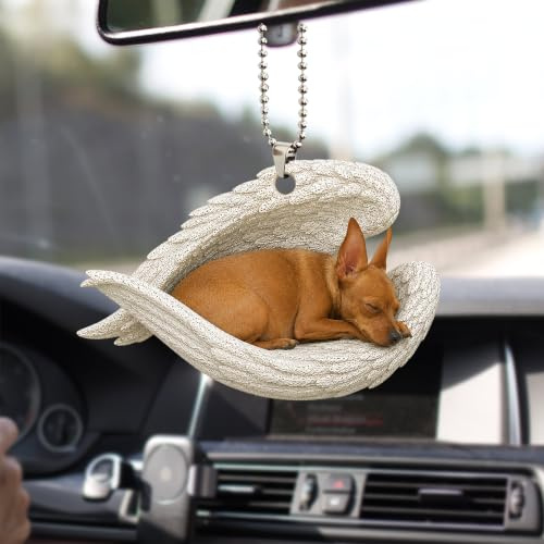 Talataca Brauner Miniatur-Pinscher schlafender Engel Tier Haustier Hund Bauernhaus 2D Flach Auto Rückspiegel Zubehör Weihnachtsbaum Ornament Dekoration Hängender Charme Innen Rückansicht Anhänger