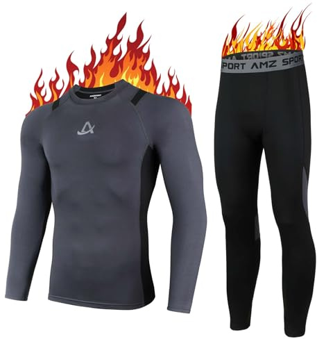 AMZSPORT Termiskt underklädesset för män, perfekt vinterset för skidåkning och löpning, innehåller ventilerande funktionella underkläder och termobyxor, Grå-118003-1, XL