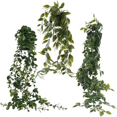 MOUYAT Paquete de 3 plantas artificiales colgantes en macetas, plantas falsas de plástico, plantas artificiales de hiedra artificial, plantas artificiales decorativas para interiores y exteriores,